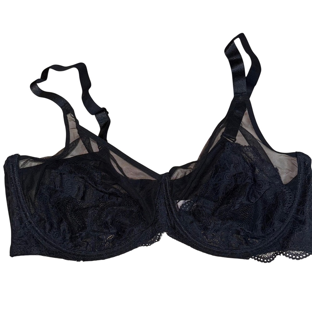 Shecurve Black Floral‎ Lace Sheer Mesh Unlined Underwire Bra 46E Plus Size